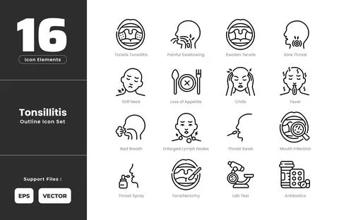 Tonsillitis Symptoms Icon Set Collection - Outline Line Art Style. Containi.. Stock Illustration