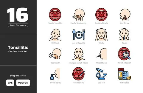 Tonsillitis Symptoms Icon Set Collection - Outline Line Art Style. Containi.. Stock Illustration