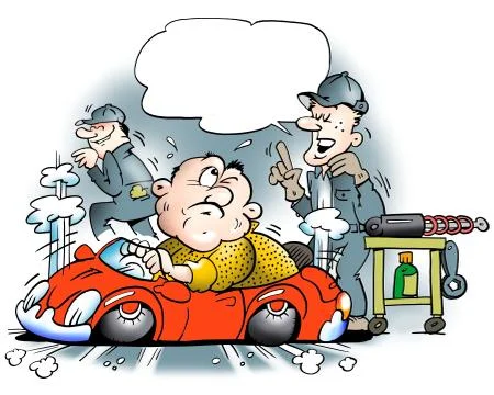 Too big man in a too small car Stock Illustration