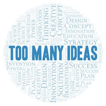 Too Many Ideas typography word cloud create with the text only. Stock Illustration