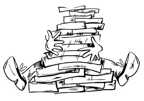 Too much documents or books in the man hands hand drawn illustration isolated Stock Illustration