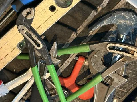 Tool assortment in a workshop setting Stock Photos