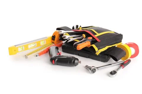 Tool belt with set of construction tools isolated on white background Stock Photos