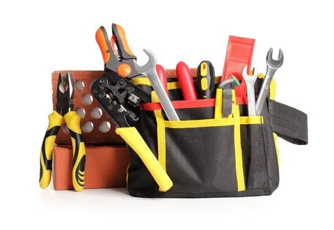 Tool belt with set of construction tools and bricks isolated on white backgro Stock Photos