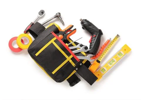 Tool belt with set of construction tools isolated on white background Stock Photos