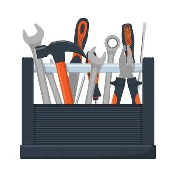 Tool box with collection of carpentry, mechanic, locksmith tools. Wrench, scr Stock Illustration
