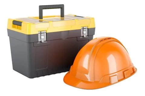 Tool box with construction hardhat, 3D rendering Stock Illustration