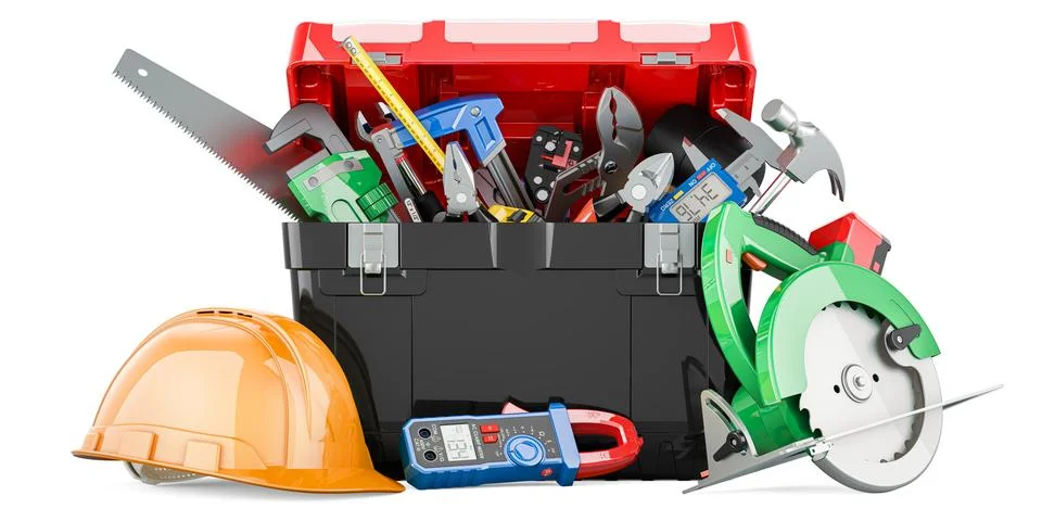 Tool box full of different tools, 3D rendering Ilustração Stock