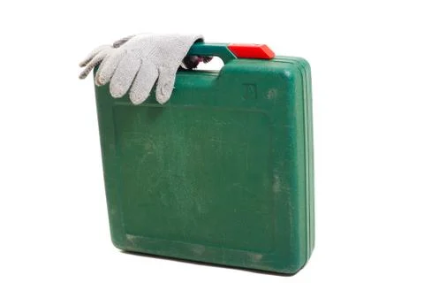 Tool box with gloves isolated on white Stock Photos
