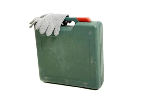 Tool box with gloves isolated on white Stock Photos