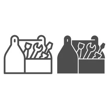 Tool box line and solid icon, house repair concept, Wooden toolbox sign on white 스톡 일러스트