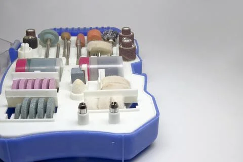 Tool box of mini electric drill accessories set. Consumables for milling po.. Stock Photos