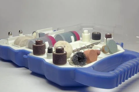 Tool box of mini electric drill accessories set. instruments for milling po.. Stock Photos