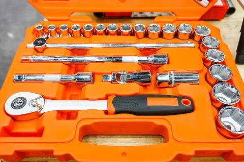 Tool box, tools kit detail close up Stock Photos