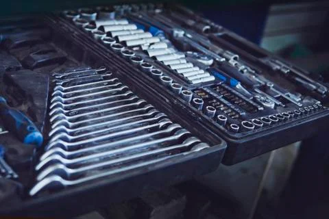 Tool box. Toolset with interior compartments to keep wrenches, ring spanners, Stock Photos