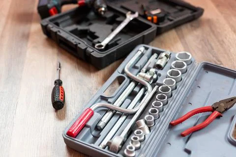 Tool box. Toolset with interior compartments to keep wrenches, ring spanners Stock Photos