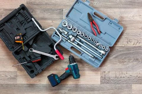 Tool box. Toolset with interior compartments to keep wrenches, ring spanners Stock Photos