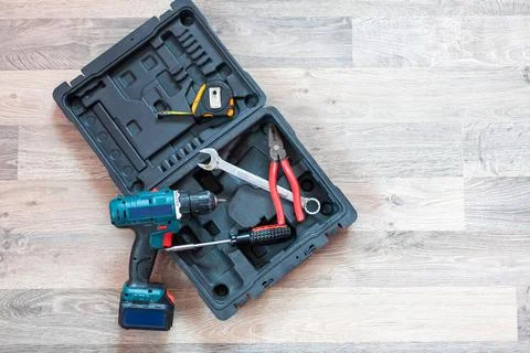 Tool box. Toolset with interior compartments to keep wrenches, ring spanners Stock Photos