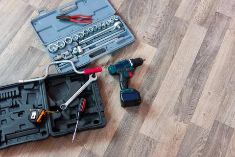 Tool box. Toolset with interior compartments to keep wrenches, ring spanners Stock Photos