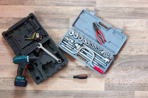 Tool box. Toolset with interior compartments to keep wrenches, ring spanners Stock Photos