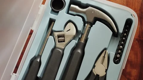 Tool boxes, maintenance kits, various tools for home helper for male. Stock Footage 313295474