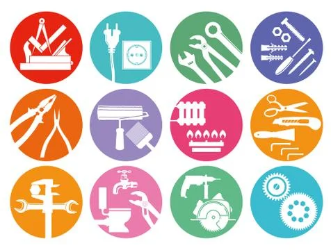 Tool button collection on white, illustration Illustrazione stock