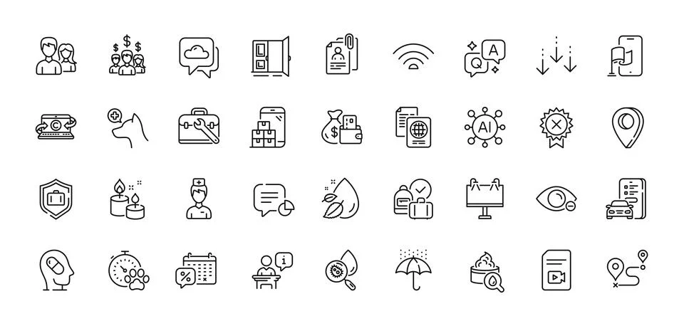Tool case, Statistic and Car registration line icons pack. For web app. Line Stock Illustration