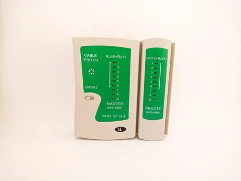 Tool Checking integrity of computer cables with network cable tester, LAN t.. Stock Photos