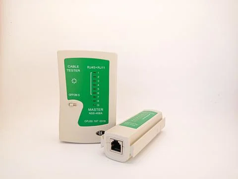 Tool Checking integrity of computer cables with network cable tester, LAN t.. Stock Photos