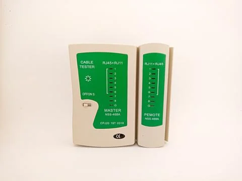 Tool Checking integrity of computer cables with network cable tester, LAN t.. Stock Photos