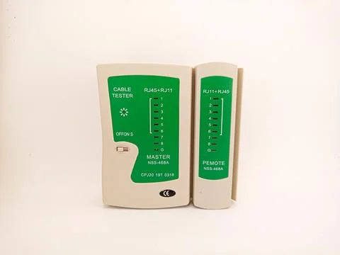 Tool Checking integrity of computer cables with network cable tester, LAN t.. Stock Photos