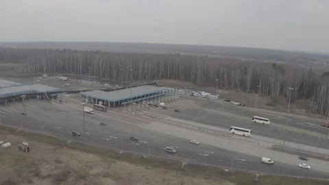 Tool gate on Russian highway zoom in copter view Stock Footage 148374917