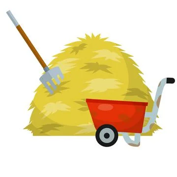 Tool for harvesting. Rural landscape. Haystack and red wheelbarrow Stock Illustration