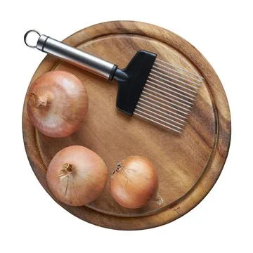 Tool to hold an onion while slicing on a wooden board, isolated on white ba.. Stock Photos