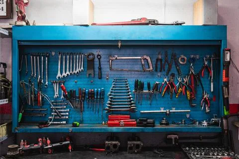 Tool kit in a car workshop. Concept of automobile mechanics. Stock Photos