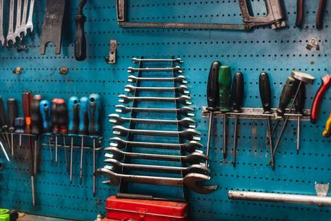Tool kit in a car workshop. Concept of automobile mechanics. 库存照片