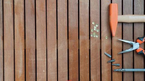 Tool kit - hammer, screwdriver, wire cutters, nails place for text Stock Photos