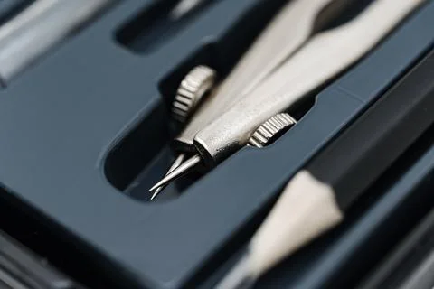 Tool kit with precision instruments for technical drawing Stock Photos