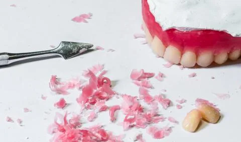Tool make a wax dentures model. table of dental technician workplace. Stock Photos
