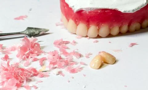 Tool make a wax dentures model. table of dental technician workplace. Stock Photos