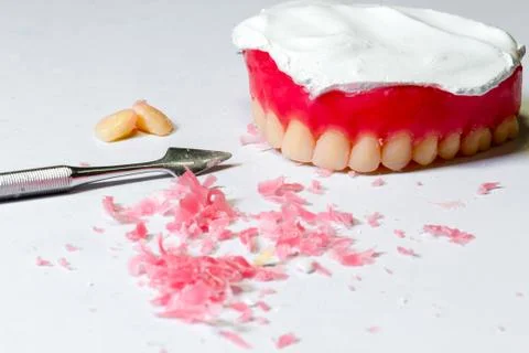 Tool for make a wax dentures model. table of dental technician workplace. Stock Photos