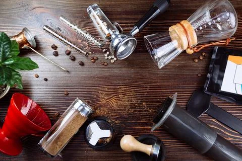 Tool for making professional espresso coffee and coffee beans Stock Photos