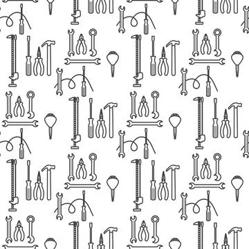Tool pattern background with various hand tools arranged in seamless black .. 스톡 일러스트