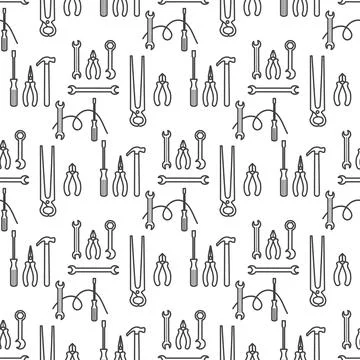 Tool pattern with hand-drawn style on white background, ideal for construct.. Illustrazione stock