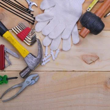 Tool renovation on  wood plank table Stock Photos