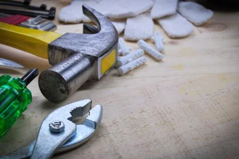 Tool renovation on  wood plank table Stock Photos