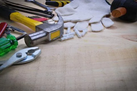 Tool renovation on  wood plank table Stock Photos
