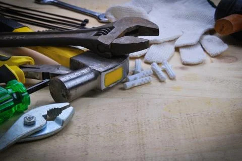 Tool renovation on  wood plank table Stock Photos