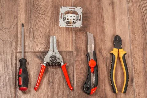 Tool set and socket on floor background, top view Stock Photos