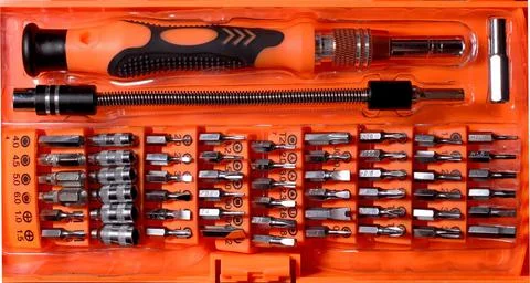Tool set bits screwdrivers hex wrenches extension cord Stock Photos